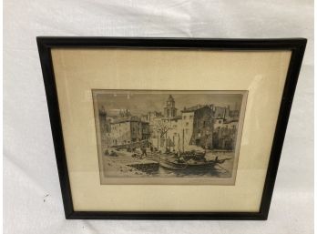 Signed Antique Etching Of Seaside Harbor In France