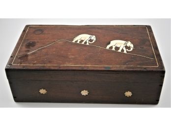 Antique Inlaid Wood Box Decorated With Elephants