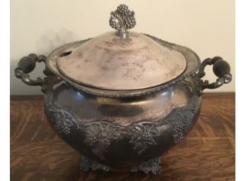 Antique Silver Plated Soup Tureen C. 1903, Grape Motif, Wooden Handles