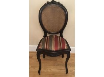 Victorian Petite Charming Black Cane Chair, Exquisite Striped Upholstery.