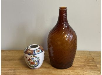 A Pretty Vase & Large Brown Bottle