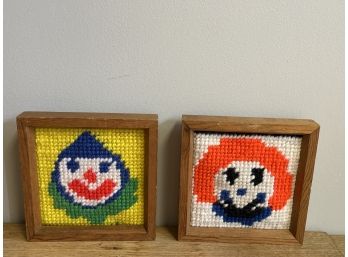 Two Vintage Crocheted Clown Art Pieces