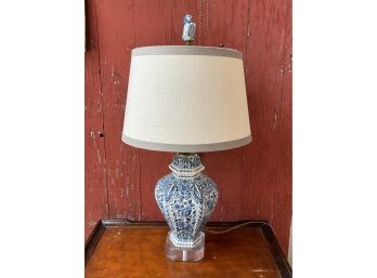 A Pretty Blue & White Lamp With Lion Finial