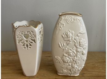 Two Beautiful Porcelain Fine Ivory China Lenox Vases With Gold Rim