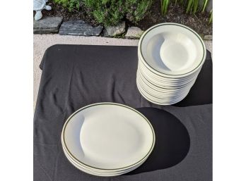 White Dinnerware Set With Green Banded - 22 Piece Set