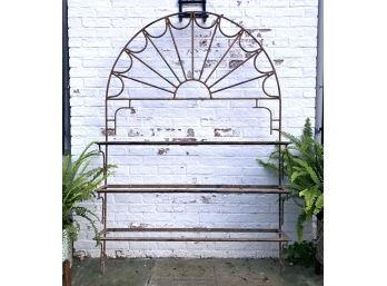 A Large Vintage Wrought Iron Garden Trellis And Plant Stand With Palladian Fan Top, 1930's