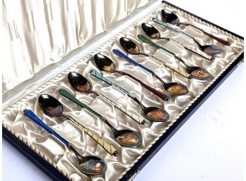 A Set Of Lovely 1920's Enameled Demitasse Spoons