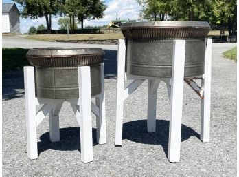 A Pairing Of Galvanized Steel And White Painted Wood Cache Pots