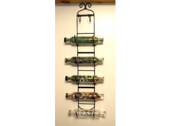 Wrought Iron Metal Rack Of 5 Vintage Glass Rolling Pins With Marbles & Buttons