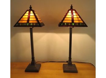 Pair Of 18' Arts And Crafts Style Candlestick Vanity Lamps With Leaded Glass Shades - In Working Condition