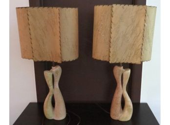 Wonderful Mid-century Pottery Lamps With Original Waxed Shades - In Working Condition