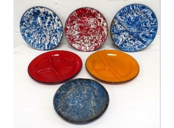 A Mixed Lot Of Bright & Colorful Blue & Red Swirl Graniteware Plates Plus Solid Colors