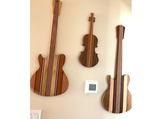 Two Wood Guitar Pizza Server Paddles And A Wood Violin Cheese Board Or Wall Decor - Signed Larry V. Notley