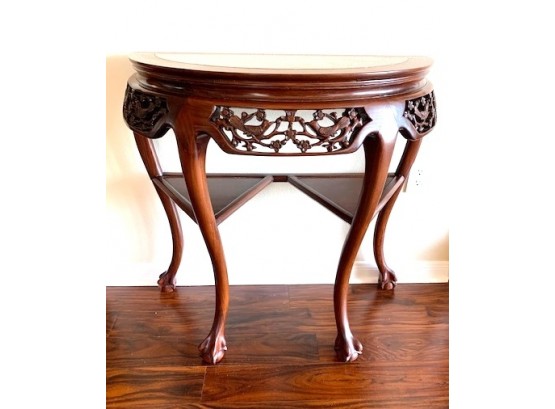Contemporary Marble Top Demi Lune Table With Ball & Claw Feet, Fretwork