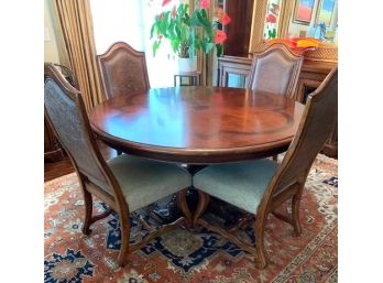 Reba Furniture Round Single Pedestal Dining Room Table And 4 Matching Leather Embossed Side Chairs