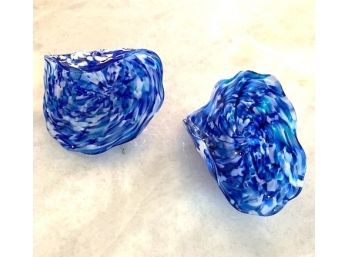 Two Blown Glass Blue And White Clamshells