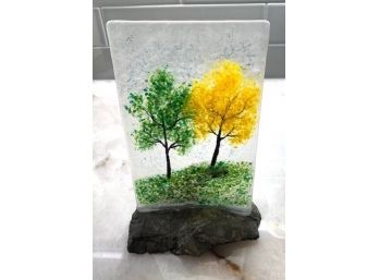 Decorative Glass Plaque With Trees, Signed Kaylor '16, With Stand
