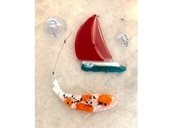 Glass Sailboat And Fish Plus Hooks To Hang In The Window