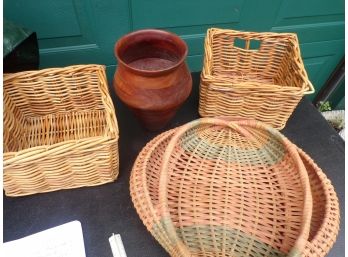 Three Vintage Baskets And Wooden Vase