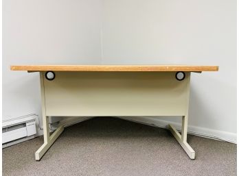 A Steel & Oak Laminate Desk With Two Round Openings For Cords