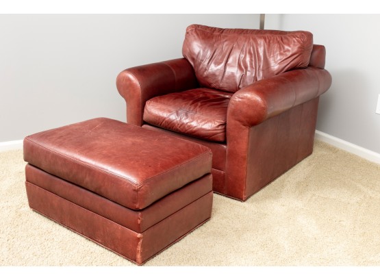 Ethan Allen Red Leather Club Chair & Ottoman