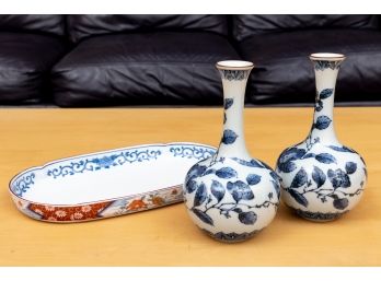 Fitz & Floyd Porcelain China Bud Vases With Tray