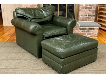 Ethan Allen Green Leather Club Chair & Ottoman