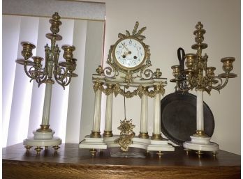 Stunning Antique Circa 1880s French Mantle Clock- Gilt Bronze And Alabaster With Garnitures