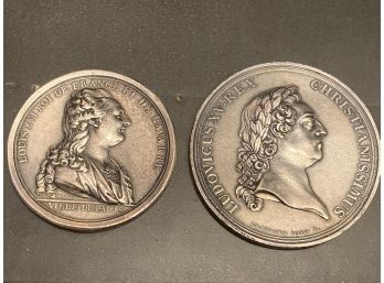Antique 1770 And 1783 French Silvered Bronze Medals- Louis XV And Louis XVI