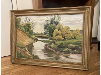 Superb 1930s William Hallquist Listed Signed Gouache Painting - Meandering Stream And Landscape