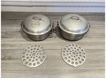 Pair Of Griswold No. 8 Cast Aluminum Dutch Ovens With Rare Grill Insert In Both