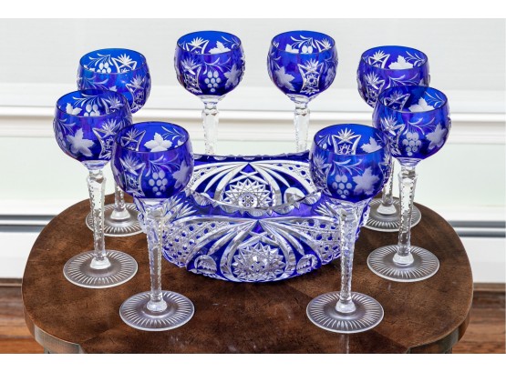 Eight Cobalt Blue Cut-glass Coridals And Punch Bowl