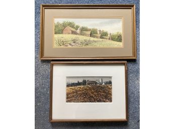 Two Framed Watercolors With Barns