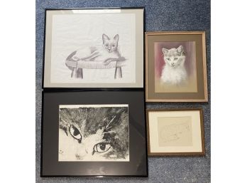 Four Framed Pieces Of 'Cat' Art