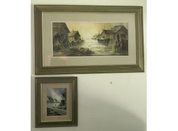 Two Framed Harbor Scene Watercolors Signed B. Torrland
