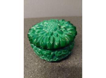 Pretty Green Heavy Glass Flower Covered Dish