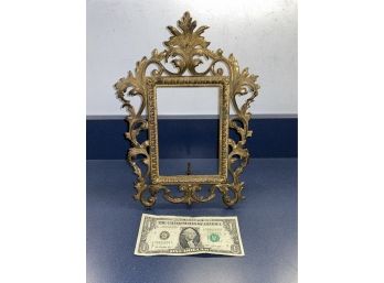 Antique Cast Iron Ornate Gold Finish Stand Up Picture Frame With Fold Out Stand. Photo Measures 4 1/4' X 6'.