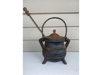 Vintage Unused Cast Iron Fire Starter Smudge Pot Cauldron 3 Legged With Brass Lid & Brass Handle Pumice Wand.