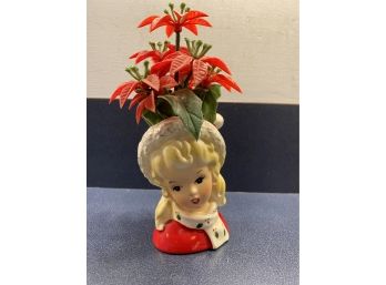 Vintage Christmas Head Vase. Blond Girl With Santa Hat. Inarco. Japan. 3 1/2' Tall.