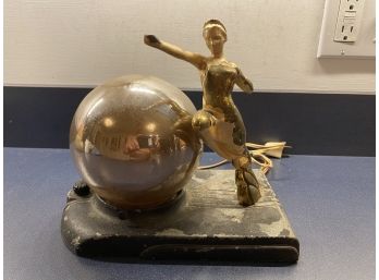 Antique 1920s Figural Spelter / White Metal Lamp With Beautiful Stylized Woman And Mercury Glass Globe.