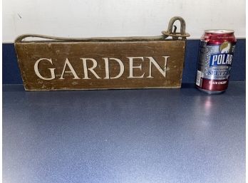 Vintage Painted Wood GARDEN Sign With Leather Hanging Strap And Buckle. Measures 4 1/4' X 14'.