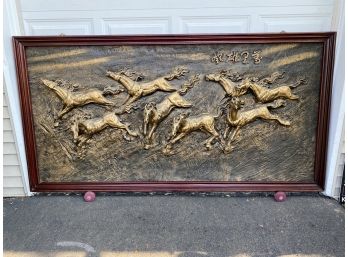 Fantastic Vintage Framed Chinese 3-Dimensional Galloping Horses Wall Art Sculpture Horses Artwork.