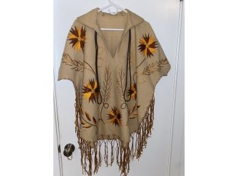 Vintage 1960s Mexican Embroidered Wool Felt Poncho, Boho, Hippie, Orange And Brown Flowers. One Size.