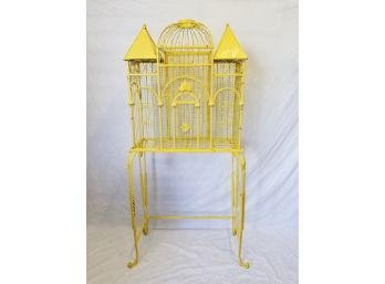 Vintage Large Yellow Metal Bird Cage With Matching Stand