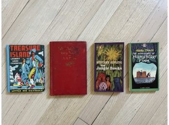 When We Were Very Young By A.A. Milne (1924), Treasure Island (1938), Huck Finn (1959), Jungle Book (1961)