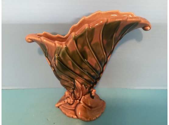 Vintage Royal Haeger Brown And Green Drip Glaze Double Leaf Fan Vase  (9  Inches Tall)