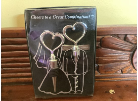 Cheers To A Great Combination - Bride And Groom Bottle Opener, Stopper, Corkscrew (NIB)