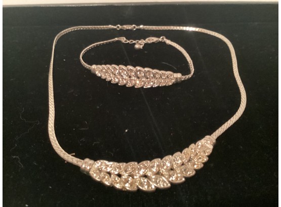Vintage Silver Tone Rhinestones  Necklace And Matching Bracelet