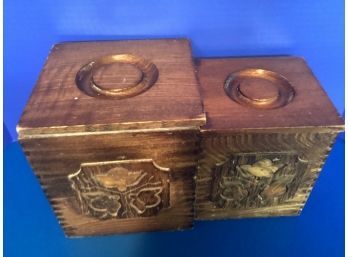 Vintage Pair Of Nesting Sears Dovetail Wood Canisters With Plastic Inserts (1976)