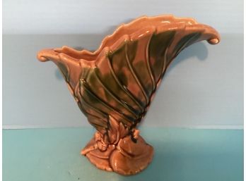 Vintage Royal Haeger Brown And Green Drip Glaze Double Leaf Fan Vase  (9  Inches Tall)